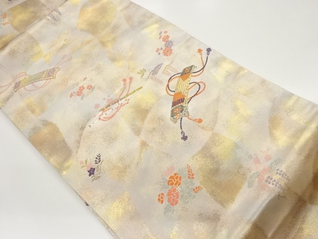 引箔琴・笛に松・花々模様織出し名古屋帯